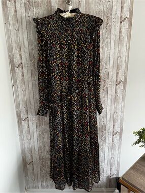 Oliphant Smocked Neck Shibori Navy Indigo Maxi Dress Bohemian Witchy Fall NEW M